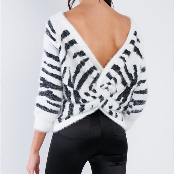 Zebra Open V-Neck Back Roll Knot Chic Sweater - Picture 2 of 8